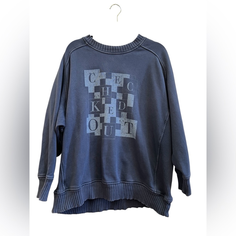 Aerie “Checked Out” Graphic Sweatshirt Oversized Boyfriend Blue Cozy Crewneck L - Picture 1 of 5